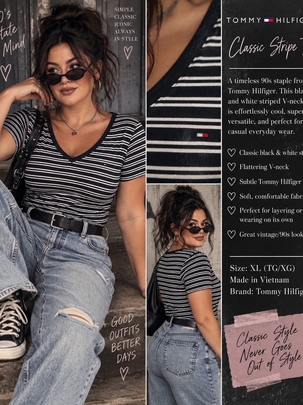 Tommy Hilfiger Classic Black & White Stripe V-Neck Tee